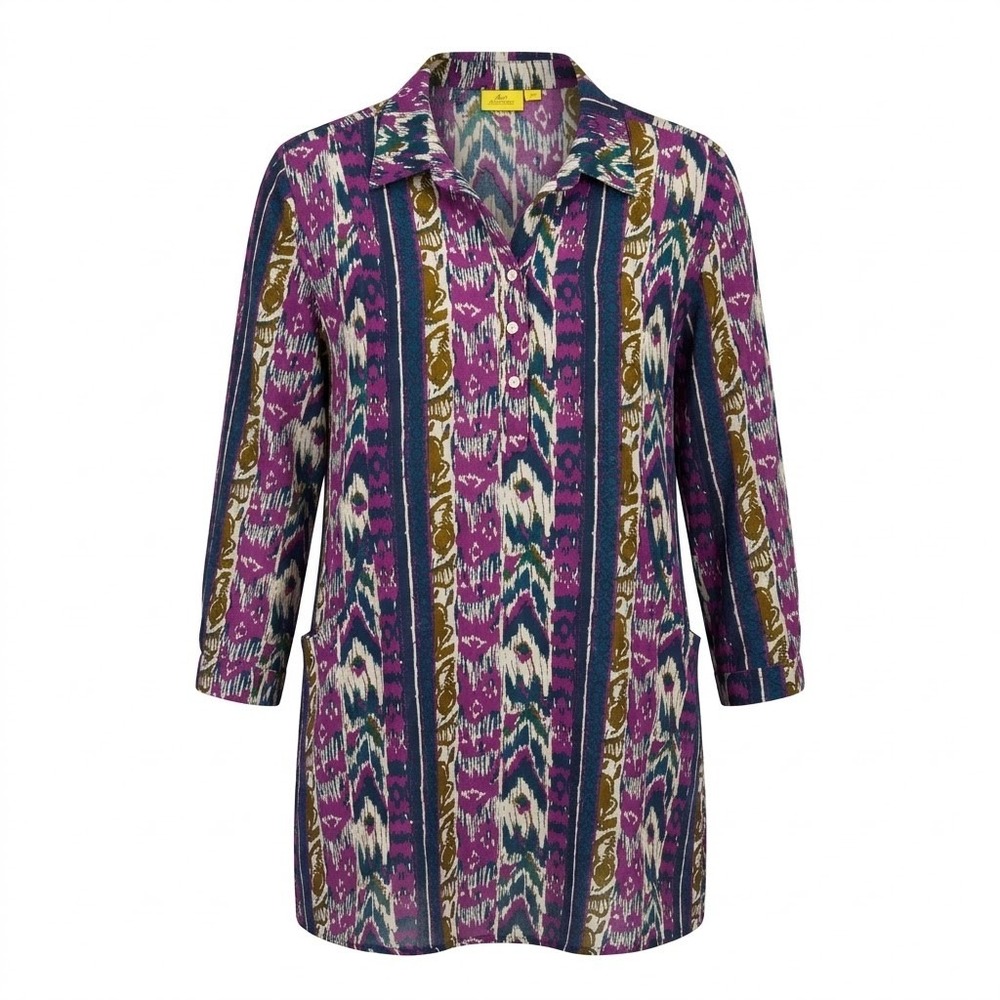 Roller Rabbit Purple Ikat Cotton Shirt Dress XL Long Roll Tab Sleeve Pockets